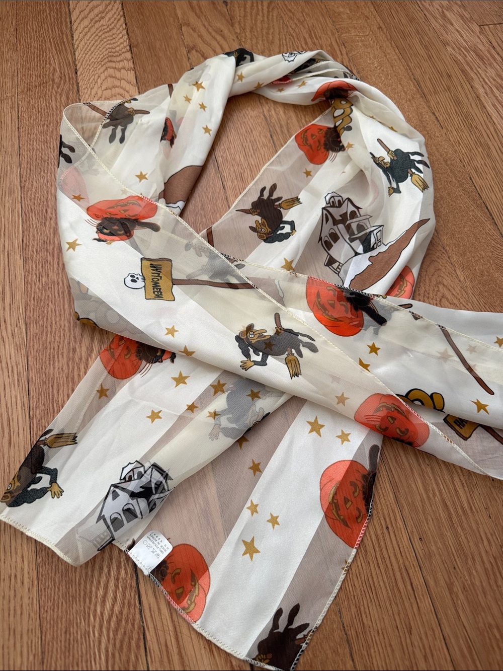 Vintage Halloween Pumpkin & Witch Scarf - Cream